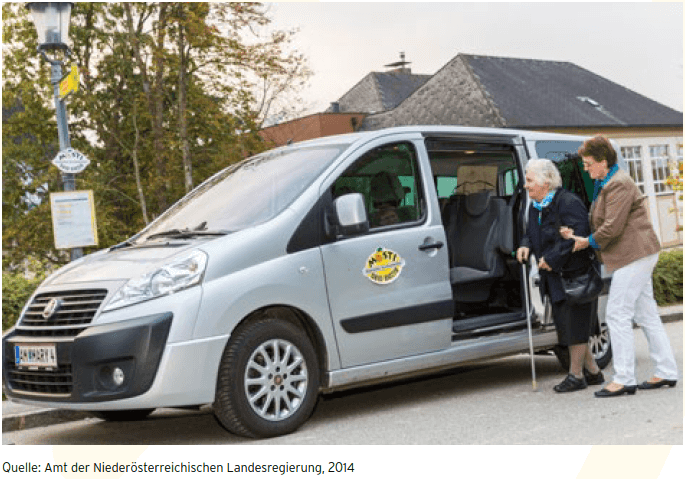 Das Foto zeigt eine ältere Dame, die in ein E-Transportauto einer Gemeinde einsteigt.