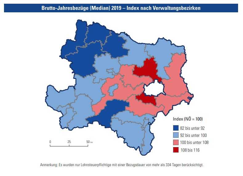 Brutto-Jahresbezüge (Median) 2019 – Index nach Verwaltungsbezirken