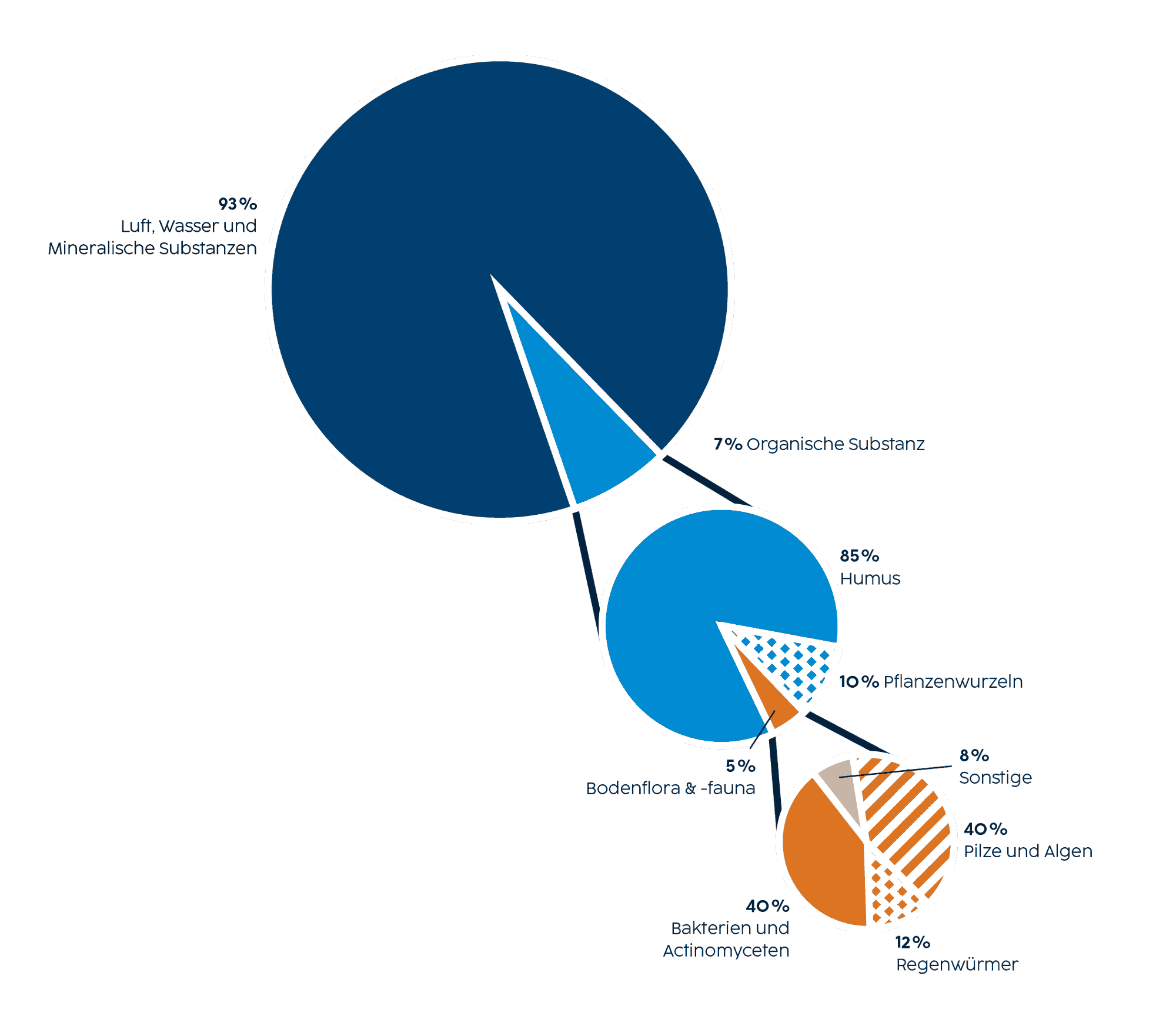 Die Grafik zeigt Tortendiagramme zur Biodiversität im Boden, prozentuelle Schätzung, 2011. Fast der gesamte Boden ist „unbelebt“: Zu 93 Prozent besteht er aus Luft, Wasser und mineralischen Stoffen. Dennoch leben in einer Hand voll Gartenerde mehr Kleinstlebewesen – Bakterien, Algen, Pilze – als jemals Menschen diesen Planeten bevölkert haben.