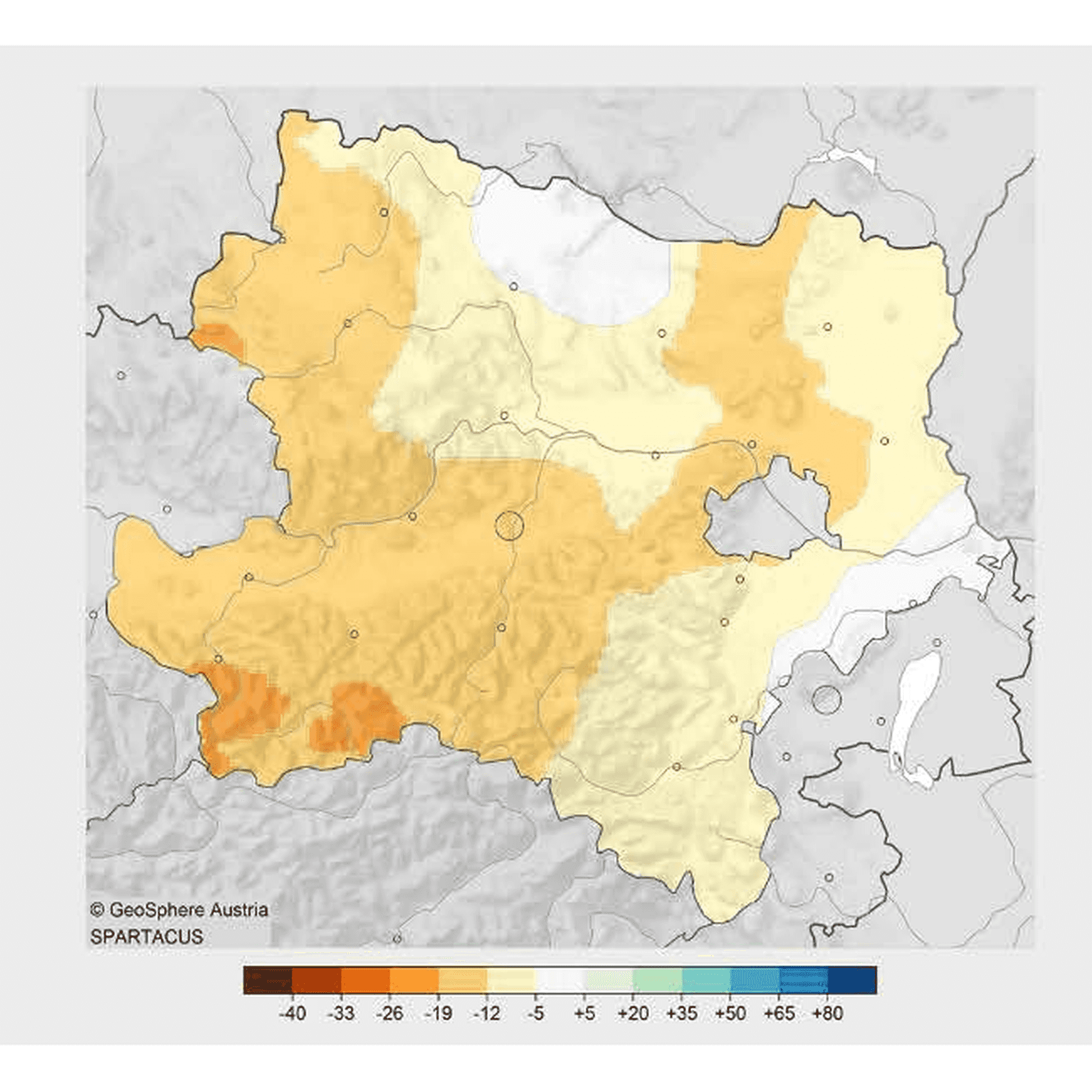 Räumliche Verteilung der Jahreswerte 2025 der Niederschlagssumme in Niederösterreich als Abweichungen vom Mittelwert des Bezugszeitraumes 1961-1990