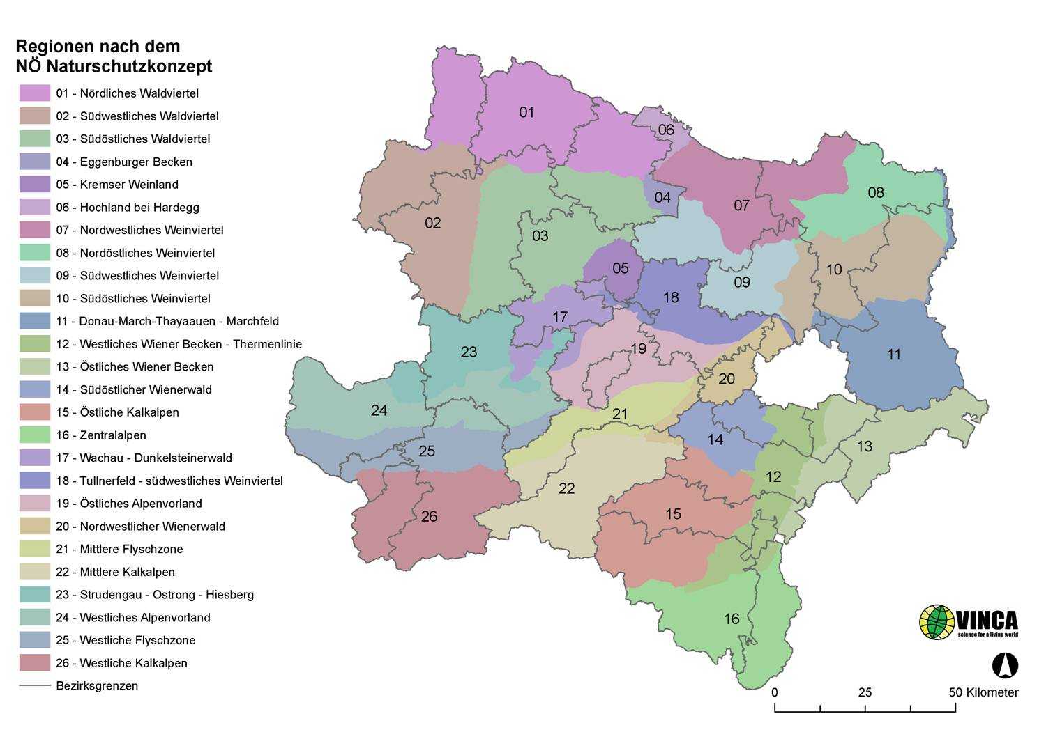 Das Naturschutzkonzept wurde 2011 erstellt und 2015 mit den Themenbereich „Grüne Infrastruktur – Wildtierkorridore – Lebensraumvernetzung“ sowie in den betroffenen Regionen konkret mit dem Alpen-Karpaten-Korridor ergänzt. Innerhalb von fünf Hauptregionen, welche dem niederösterreichischen Landesentwicklungskonzept entsprechen (Waldviertel, Weinviertel, NÖ Mitte, Mostviertel und Industrieviertel), werden insgesamt 26 Regionen unterschieden. Im Gegensatz zu den Hauptregionen erfolgt die Abgrenzung der Regionen nach naturräumlichen Gegebenheiten.