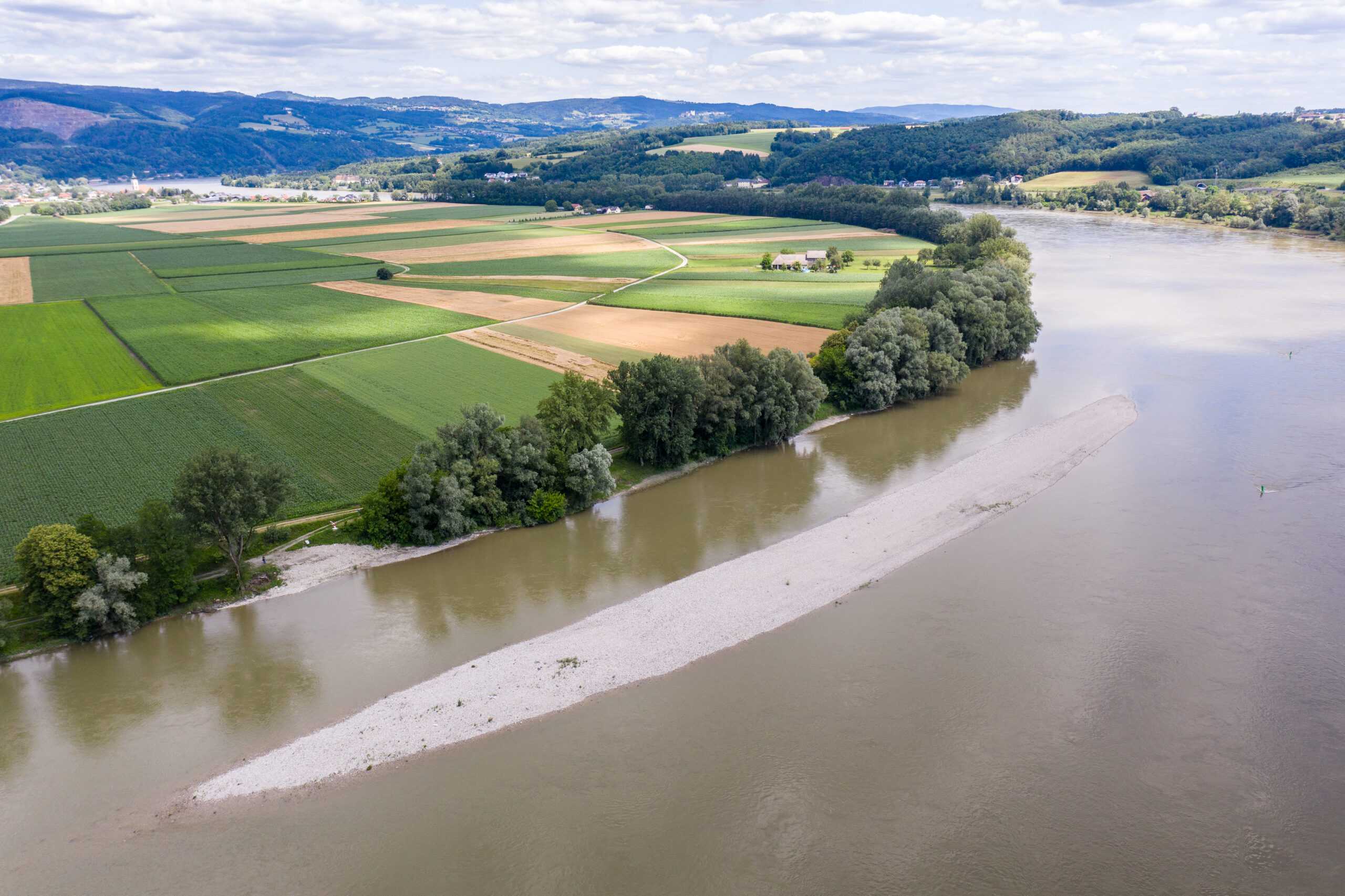 Das Foto zeigt eine Flusslandschaft bei Ybbs mit Verlandungszonen, Wien, Felder und Bäumen.