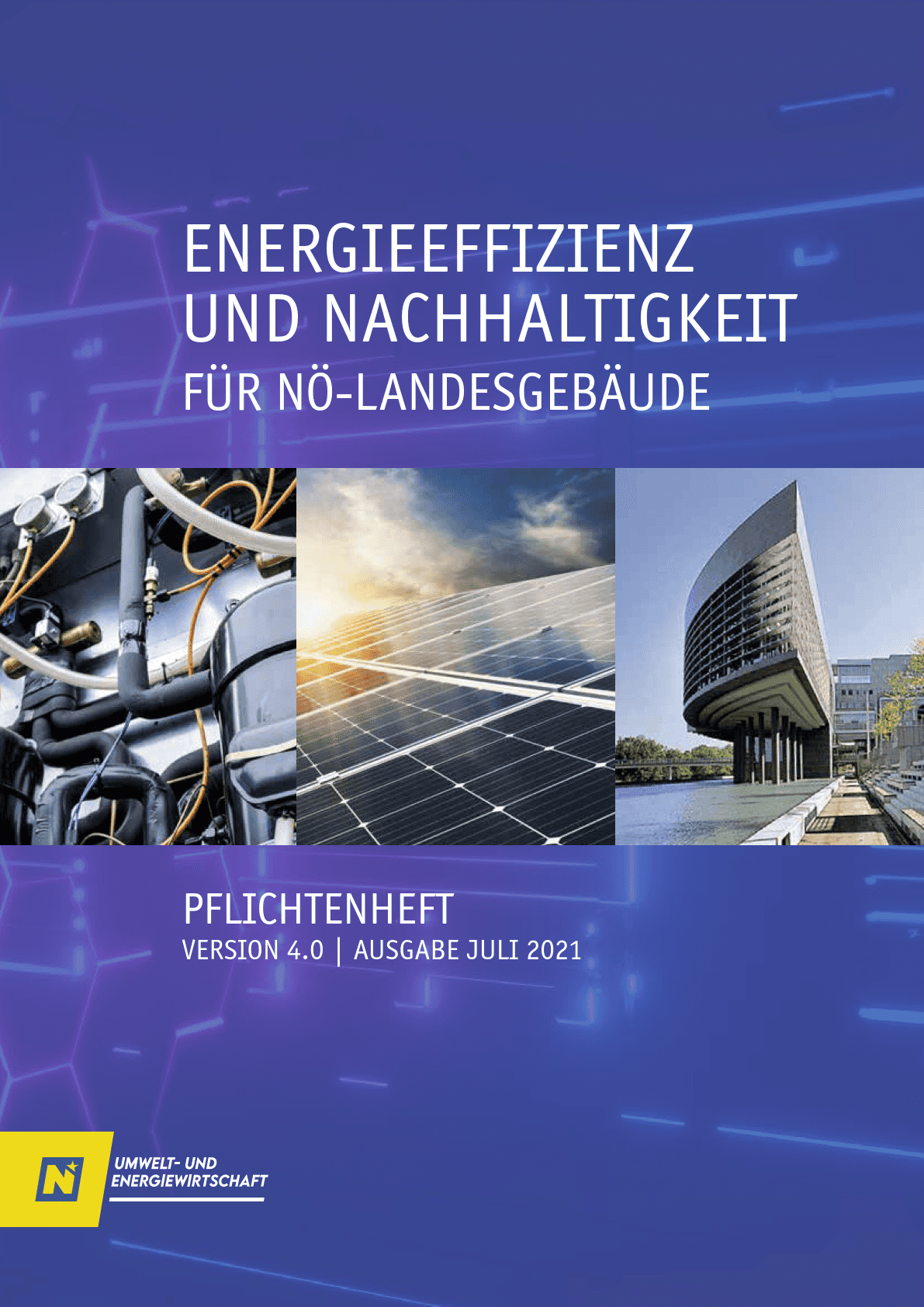 Das Cover des Pflichtenheftes Energieeffizienz und Nachhaltigkeit für Landesgebäude 4.0.