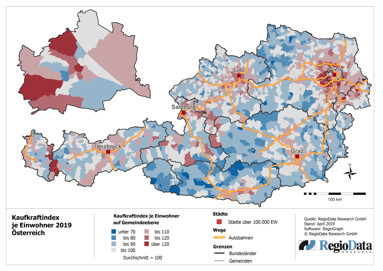 Auf einer Österreichkarte wird auf Gemeindeebene die Kaufkraft je Einwohner farbig dargestellt. Aus dieser Kartendarstellung sind die Ballungsräume gut erkennbar – ausgenommen manche Tourismustäler in Salzburg, Tirol und Vorarlberg. Auch hier gibt es Zonen mit höherer Kaufkraft.