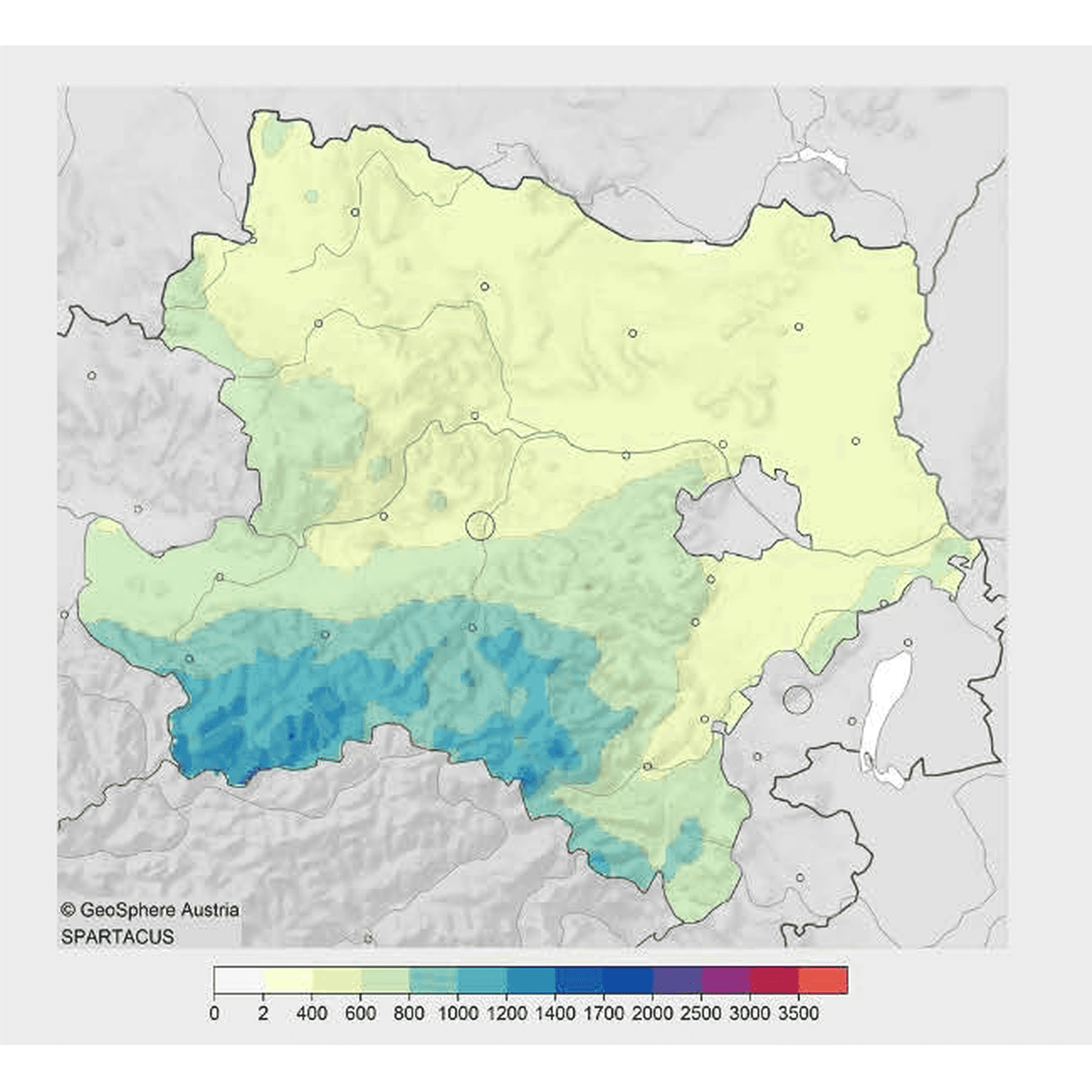Räumliche Verteilung der Jahreswerte 2025 der Niederschlagssumme in Niederösterreich als Absolutwerte