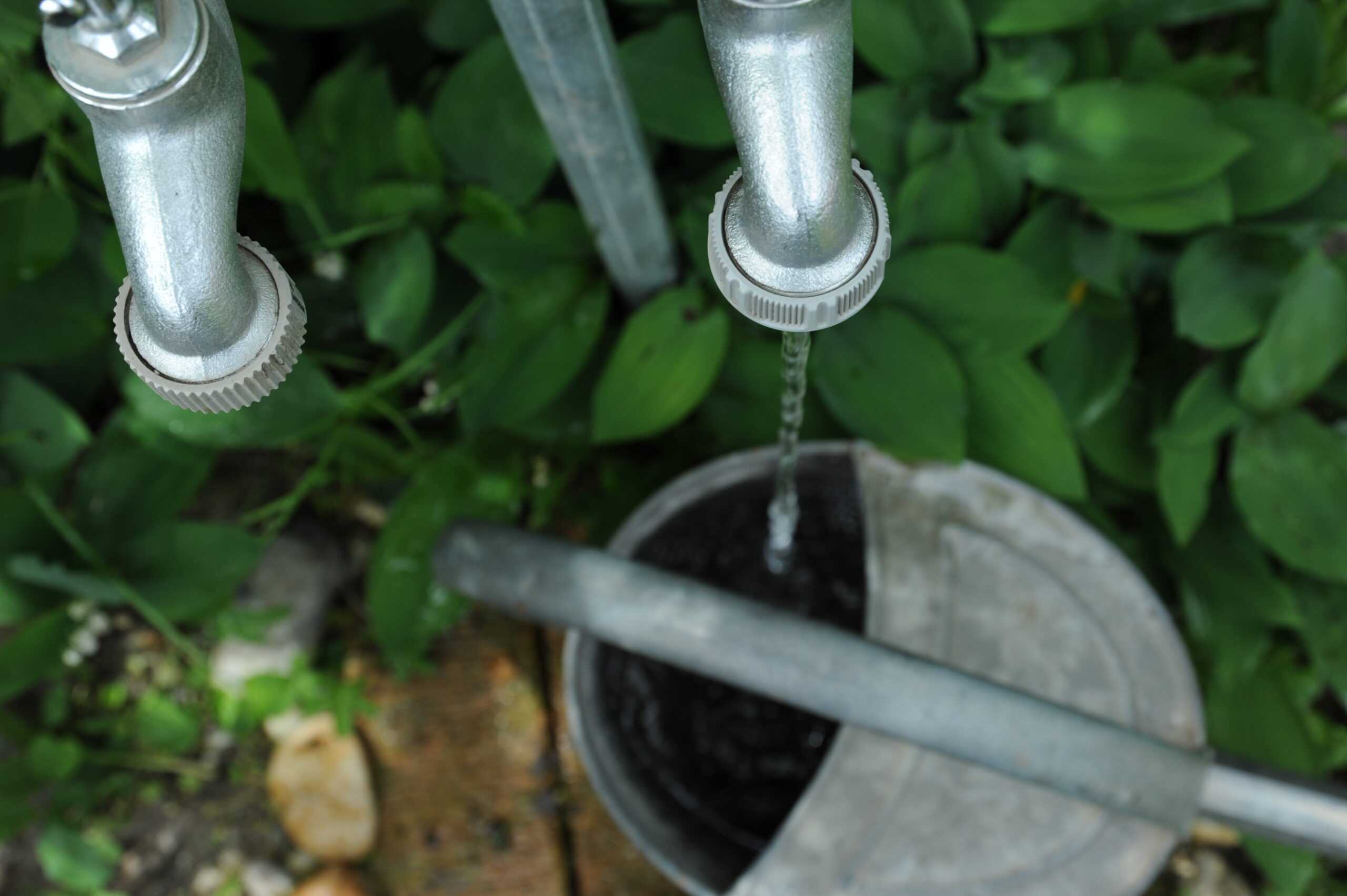 Das Foto zeigt einen rinnenden Wasserhahn. Das Wasser rinnt in eine Metallgießkanne.
